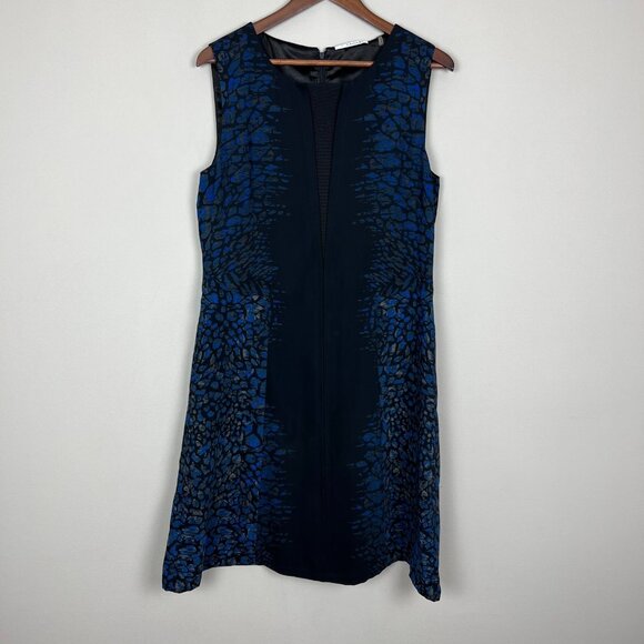 T Tahari Dress 12 Black Blue Abstract Pattern Mesh V-Neck A-Line Fit N Flare - Picture 1 of 14